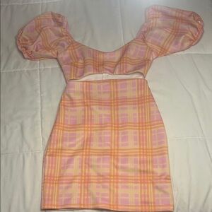 ASOS Pink and Peach Plaid Puff Sleeve Cutout Mini Dress